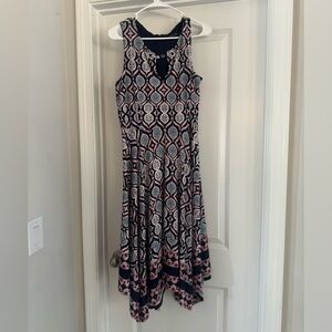 Sleeveless Navy and Pink Printed Midi Dress